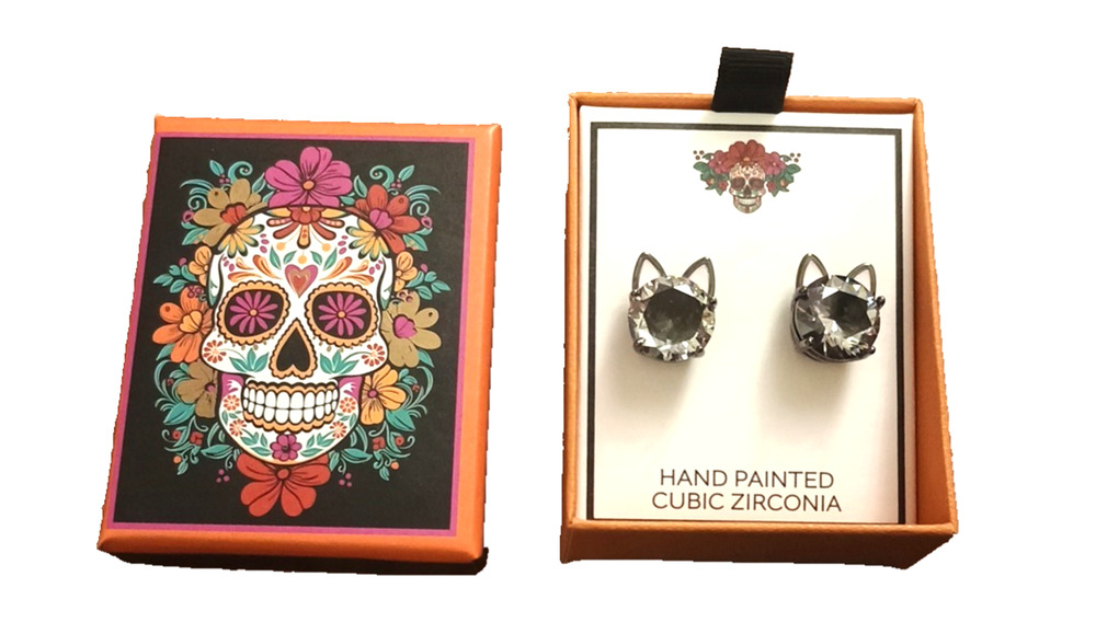 Halloween Kitty Cat Stud Earrings Rhinestone Sparkly Hand Painted 3D Pink ears